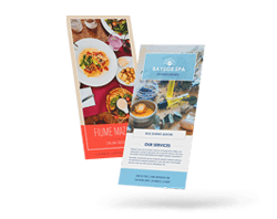 Spa and restaurant rack cards with food photos