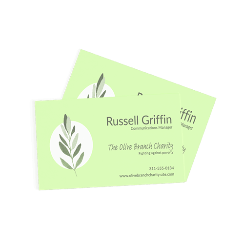Pale green charity business cards with leaf logo