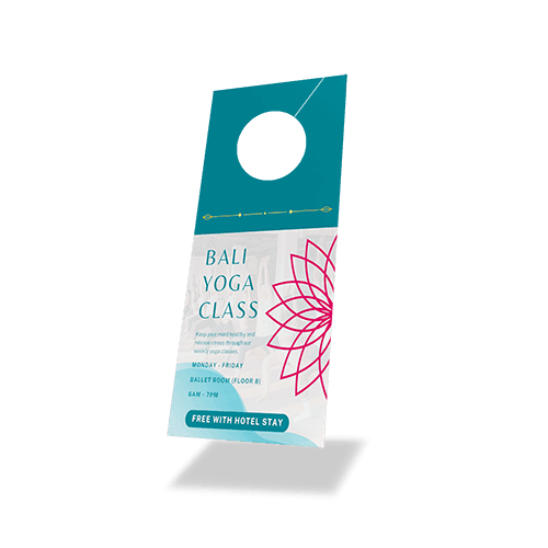 Hotel door hanger advertising a Bali yoga class