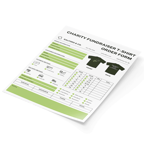 Charity fundraiser T-shirt order form on green sheet