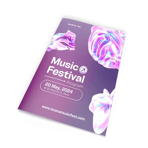 Music festival event program with purple swirl cover