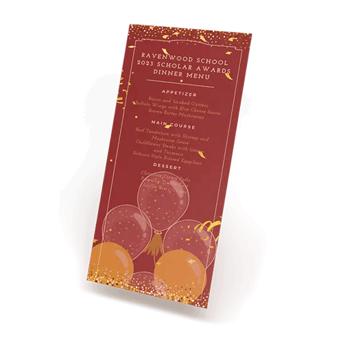 Scholar award dinner menu card with balloons