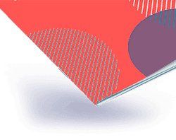 Saddle-stitched booklet with red and purple geometric cover