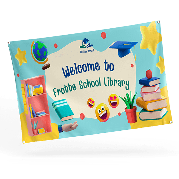 Welcome to school library vinyl banner with books