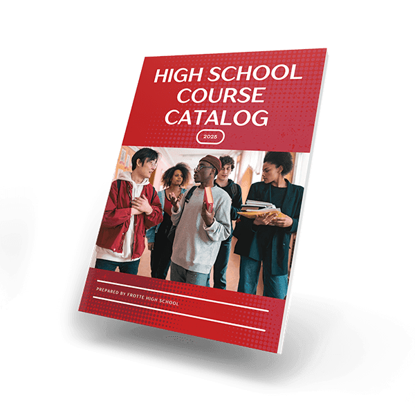 High school course catalog with students on red cover