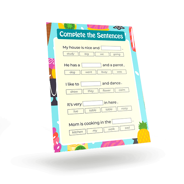 Color printed Complete the Sentences classroom worksheet