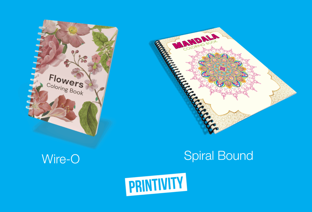 Wire-o booklet vs spiral bound booklet on blue background