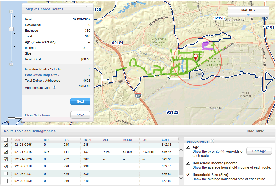 Map of San Diego that shows EDDM application via USPS
