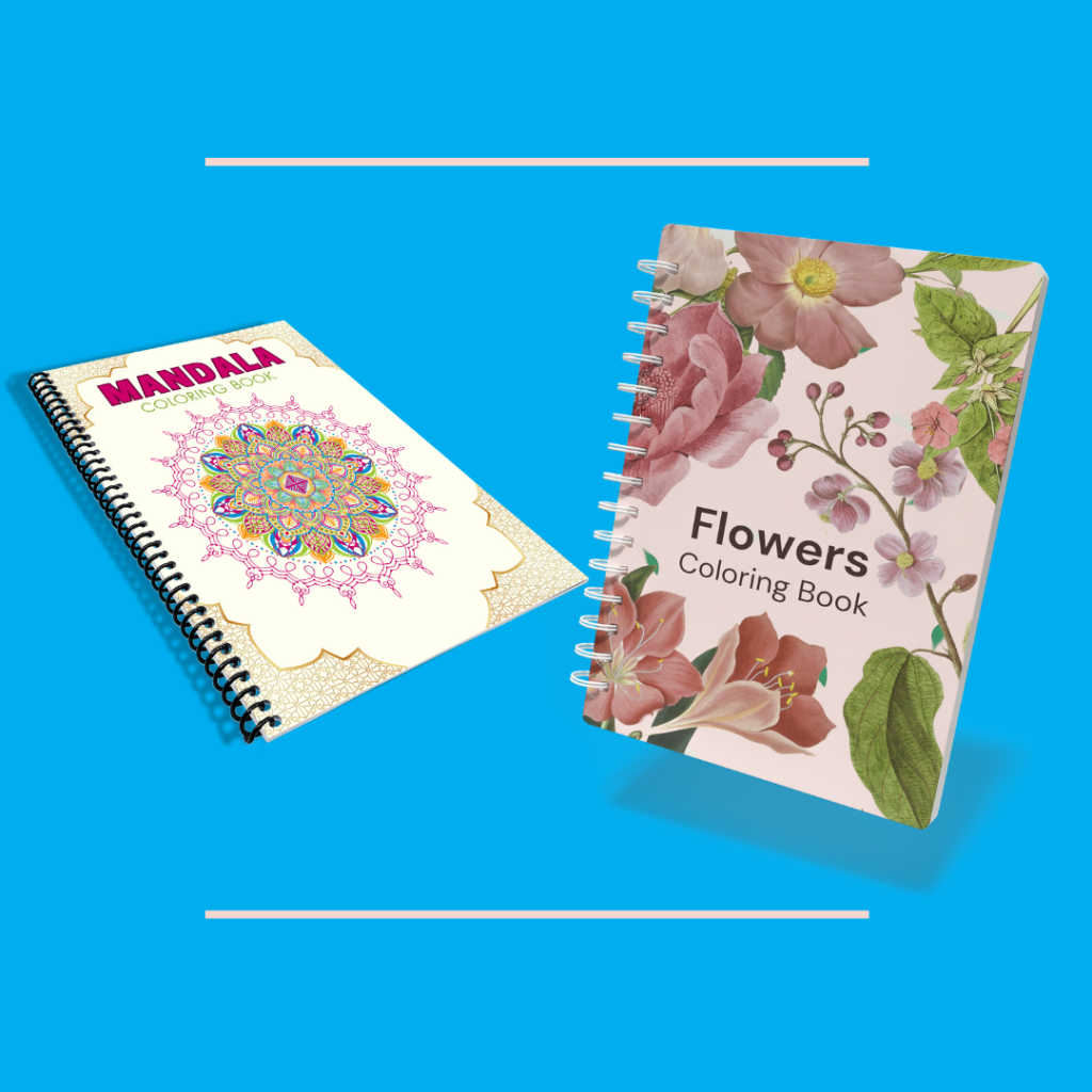 spiral bound book and wire-o booklet on blue background