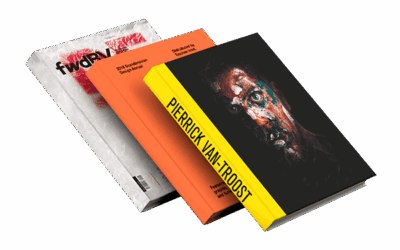 Three hardcover books floating