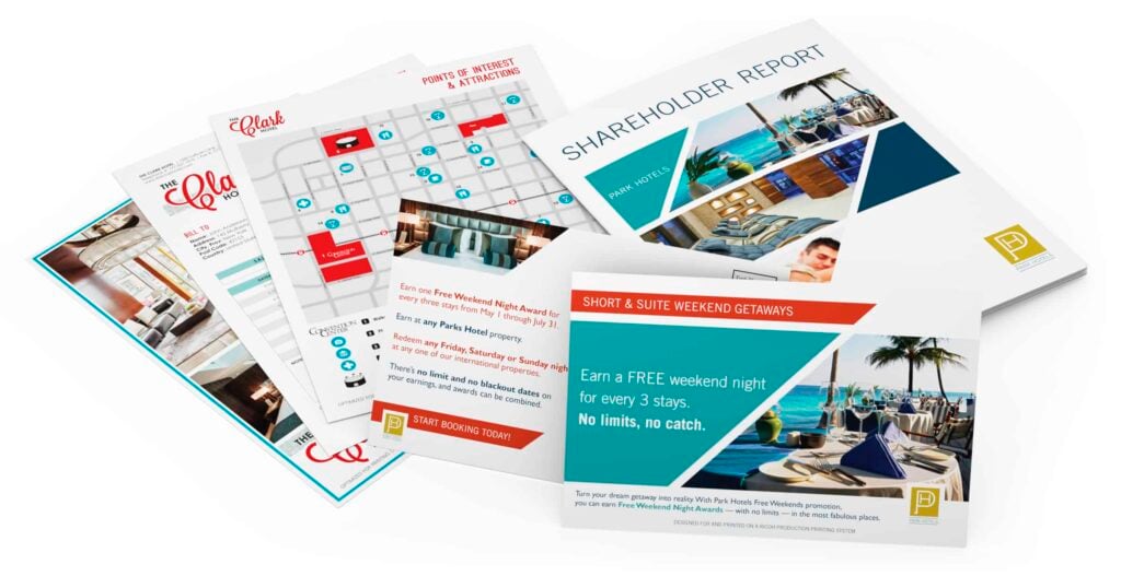 Mix of marketing brochures, postcards, and flyers