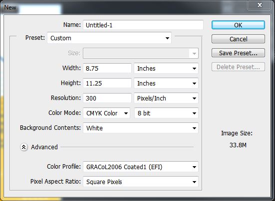 Creating a new document in Photoshop. Choose full bleed dimensions, 300 PPI resolution, and CMYK.