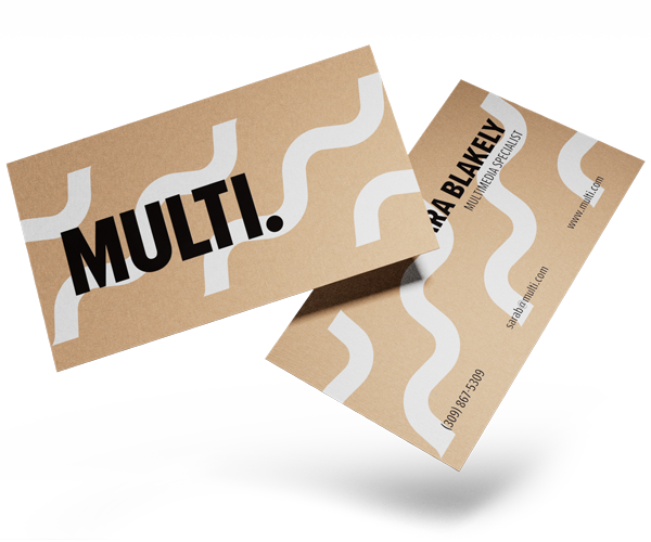Two brown kraft business cards with white ink printing
