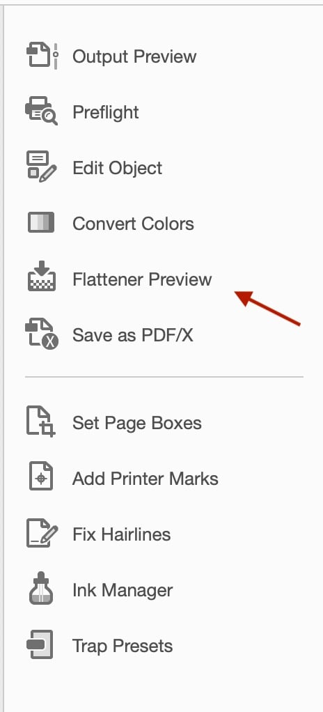 Screenshot of the drop down menu of Adobe. Arrow pointing to "Flatten Preview"