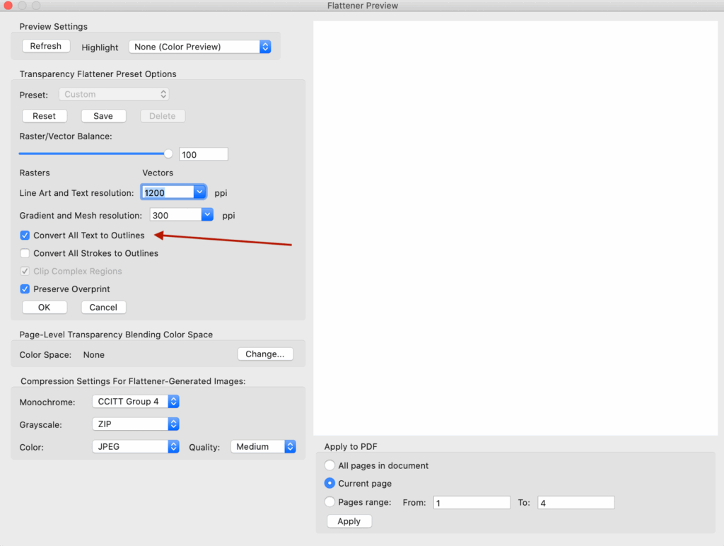 Screenshot of the flattening preview of Adobe. Click "Convert All Text to Outlines"