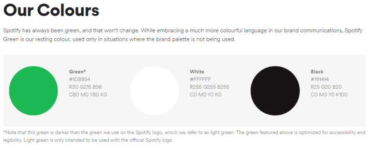 Spotify created a style guide and listed their colors for consistency.