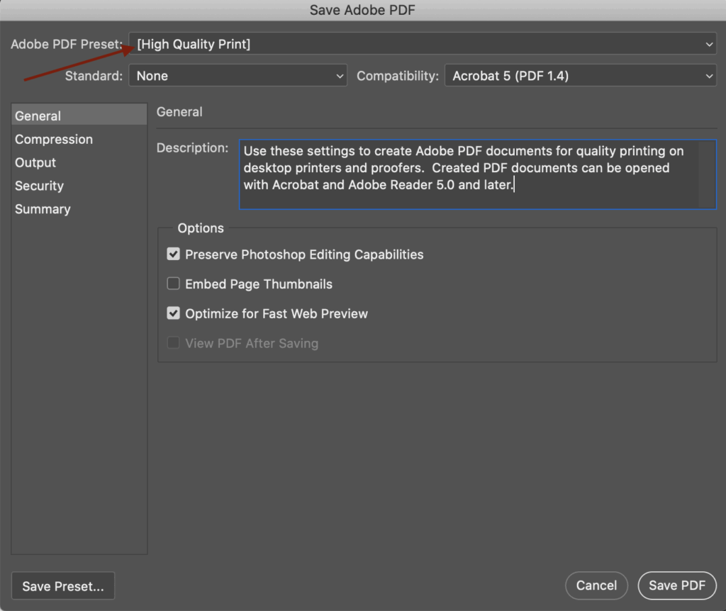 Screenshot of saving a file as a Adobe PDF Preset. Choose High Quality Print