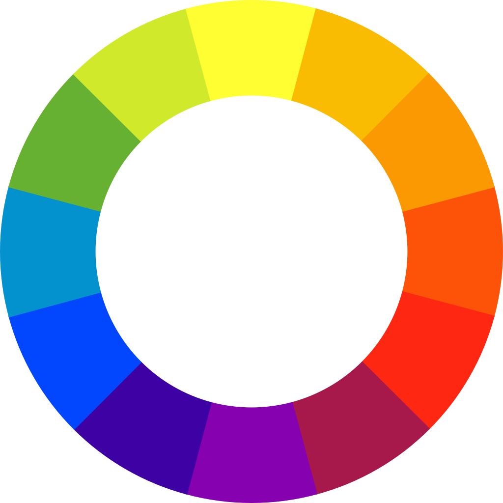 Color wheel. Colors of the rainbow in a circle formation, starting with yellow at the top.