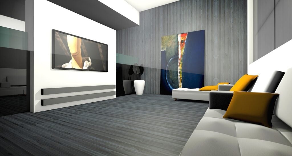 3D design of a living room. Couch with pillows facing a tv mounted on a wall