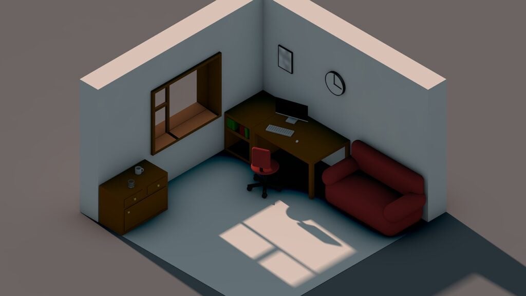 A 3D design of a corner of a room with a desk and couch created in isometric compositions.