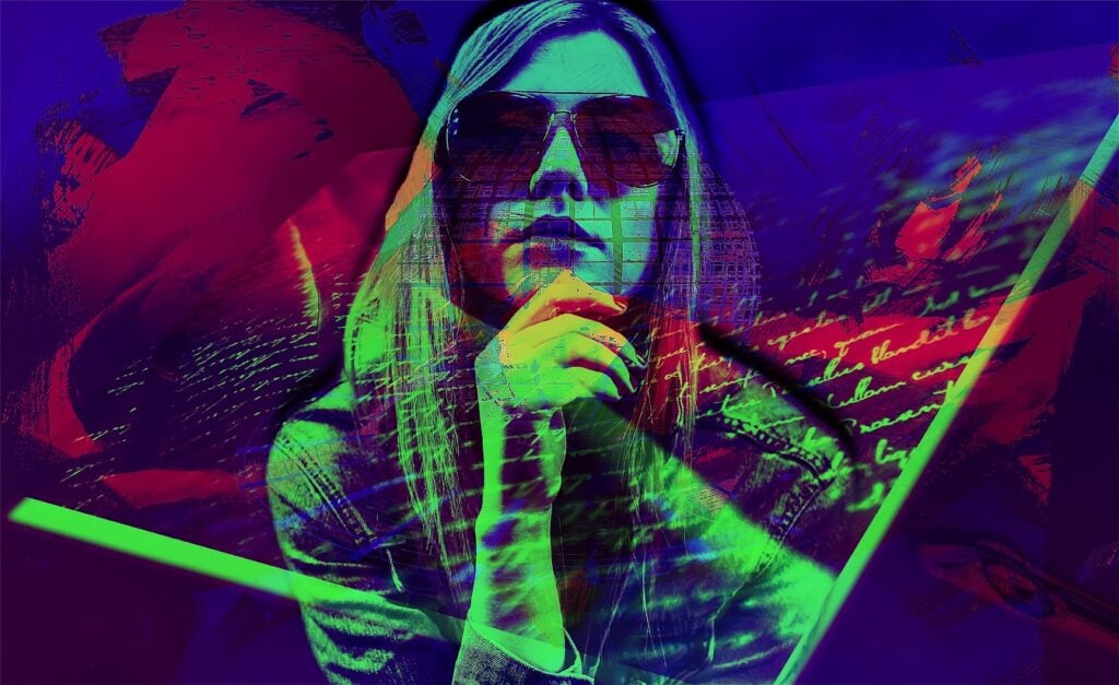 Popart mixed media art of a woman wearing sunglasses.