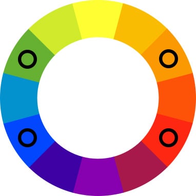 Color wheel with black spots on green, blue, orange, and red