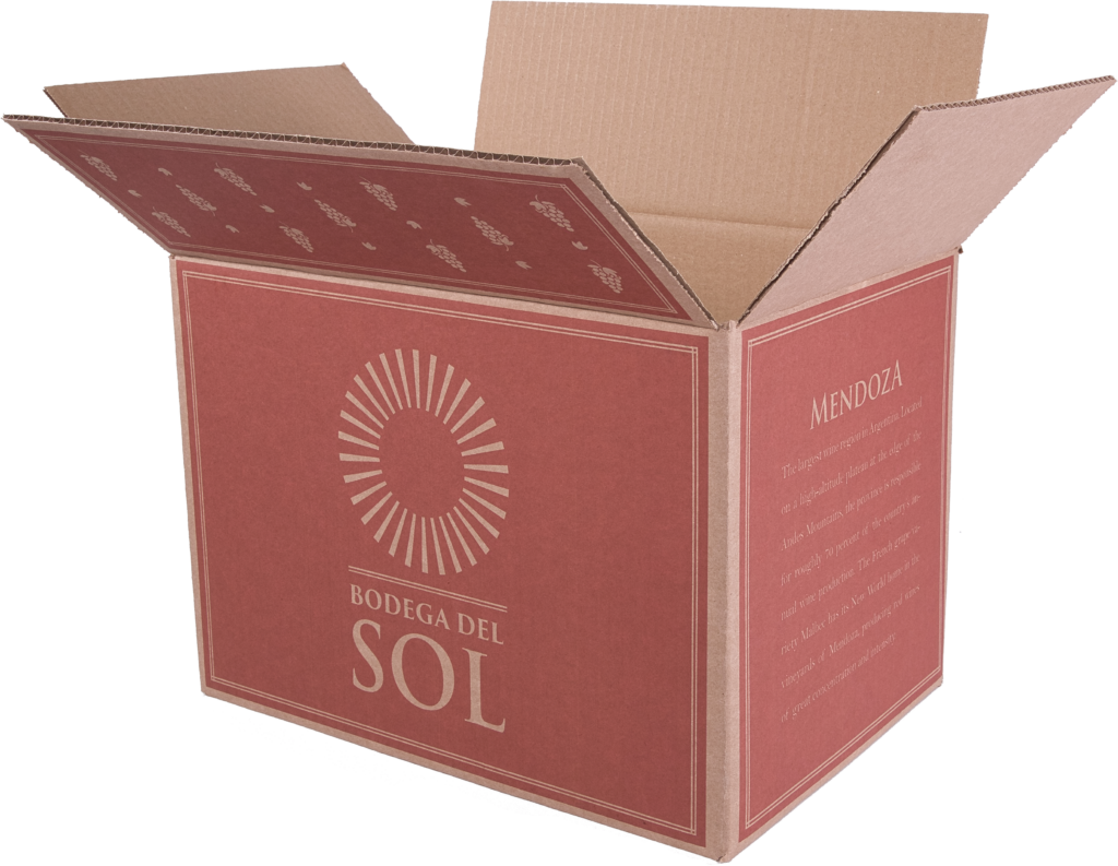 brown shipping box with burned orange custom printing