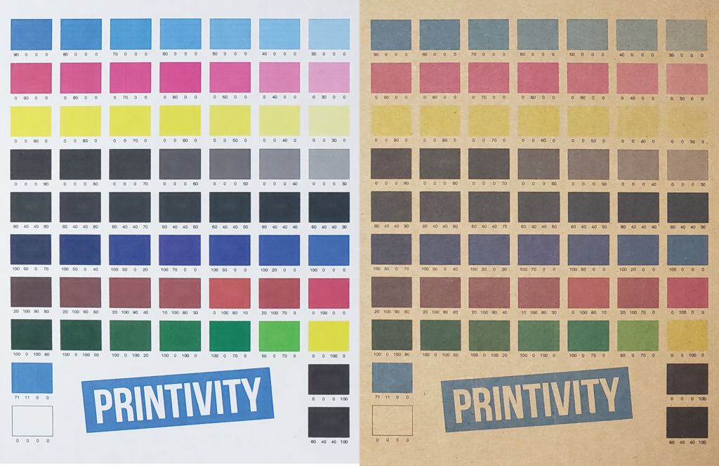 Color printing sample on white and brown shipping boxes compared side to side