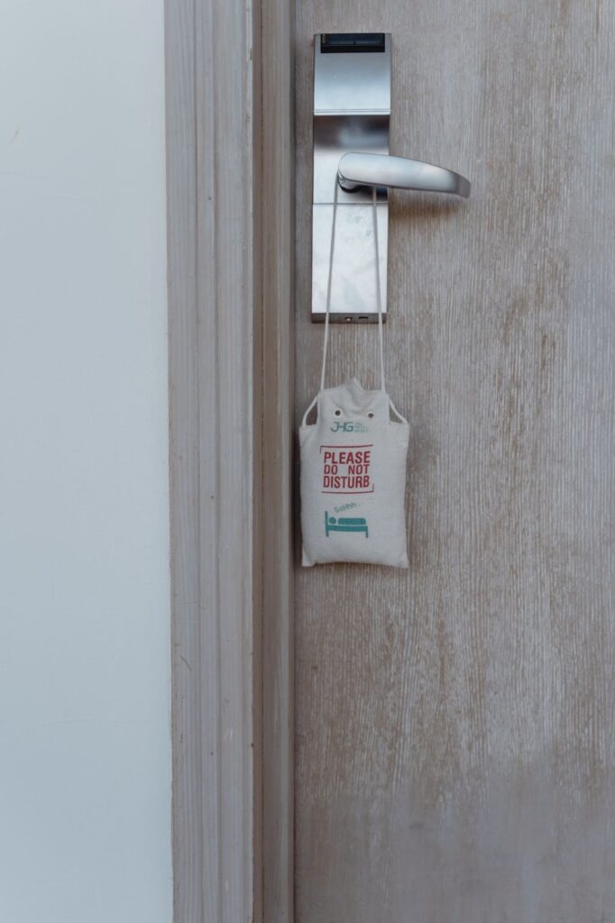 Door hanger bag on a hotel door