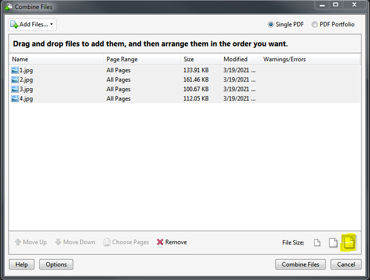A pop-up with all files, click biggest paper button, and combine files.