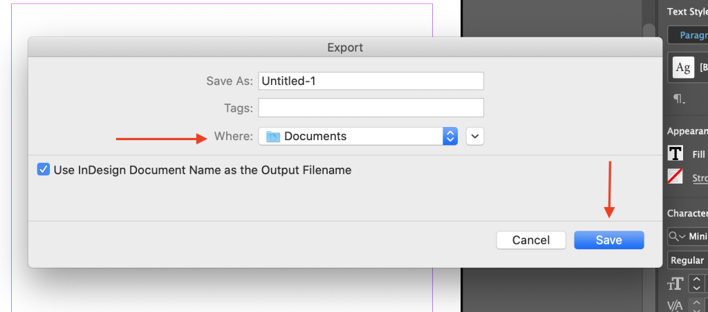 Select where to be exported then save