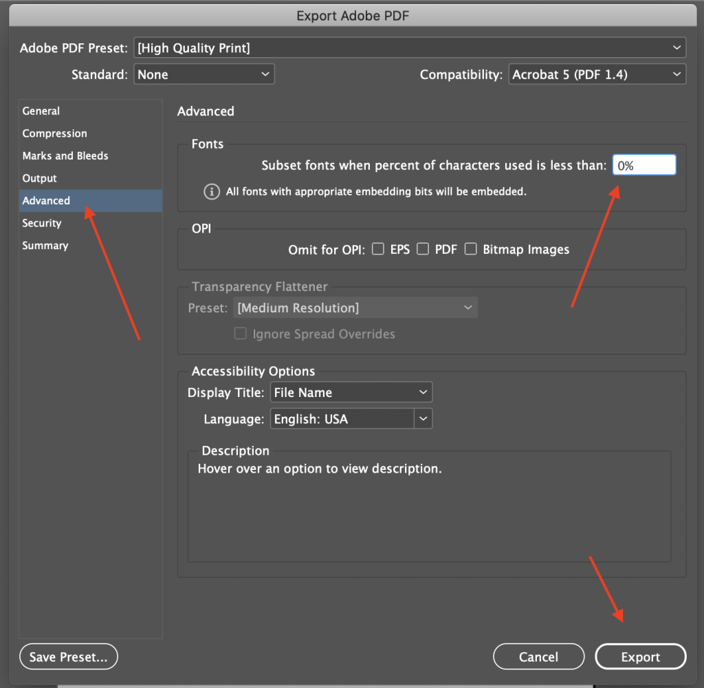In Advanced make, enter 0% subset fonts then export file