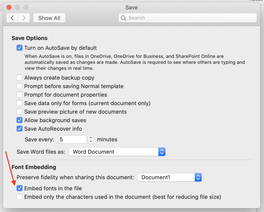 Click the box for Embed fonts in the file