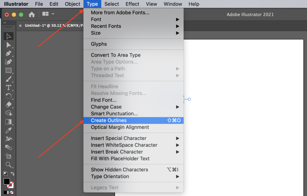 Top toolbar, click type and Create Outlines