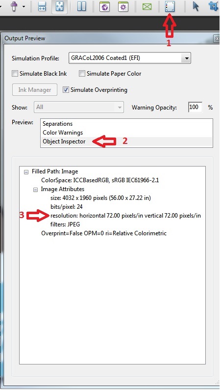 Screenshot of the steps to check resolution in Adobe Acrobat