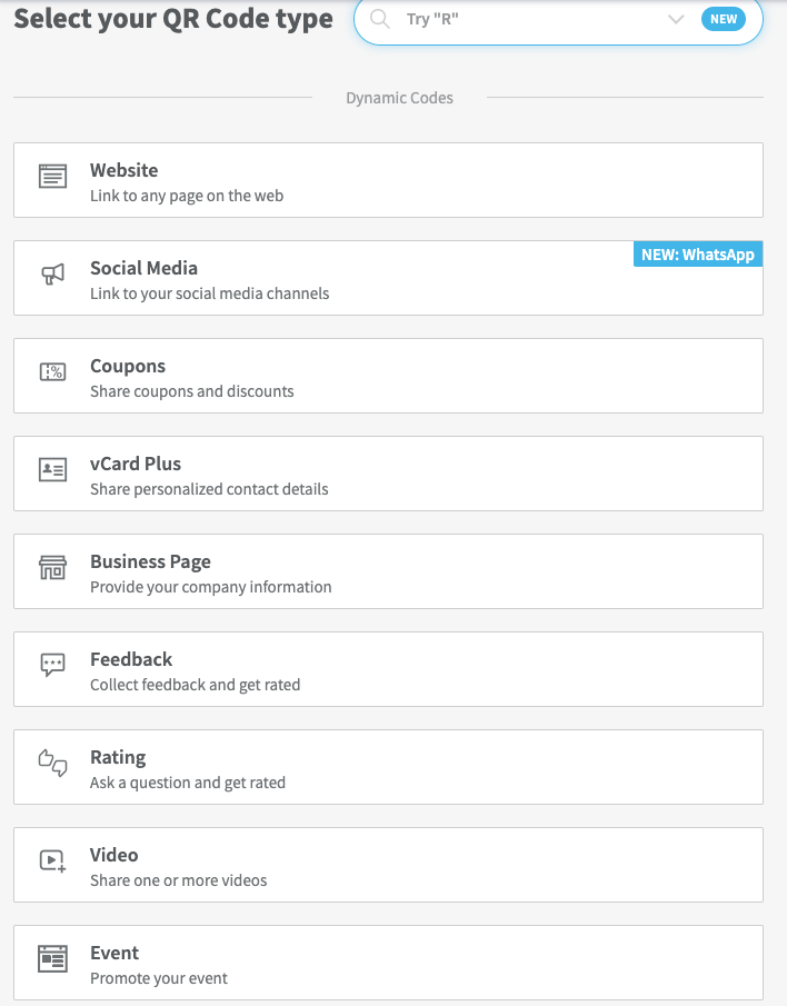 choose from the listed options of QR code type