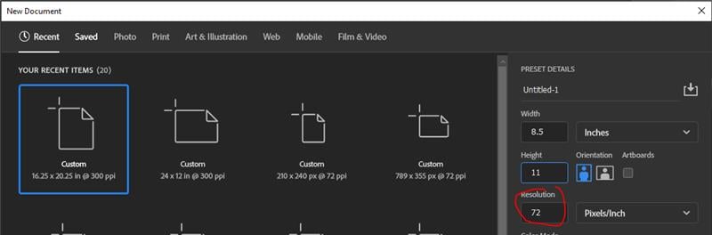 Screenshot from photoshop of choosing 72 PPI for digital content