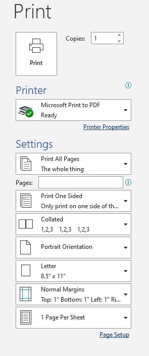 Microsoft word drop down, print collated