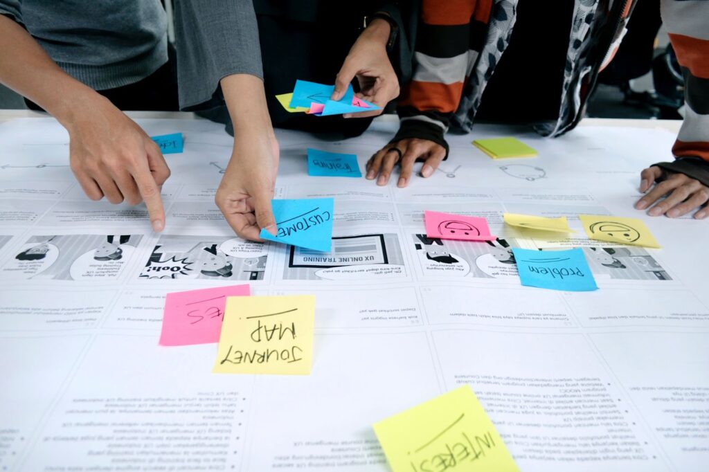team marking paper with post-its
