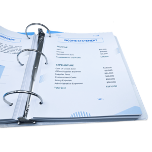 Open three ring binder with binder documents three-hole punched inside