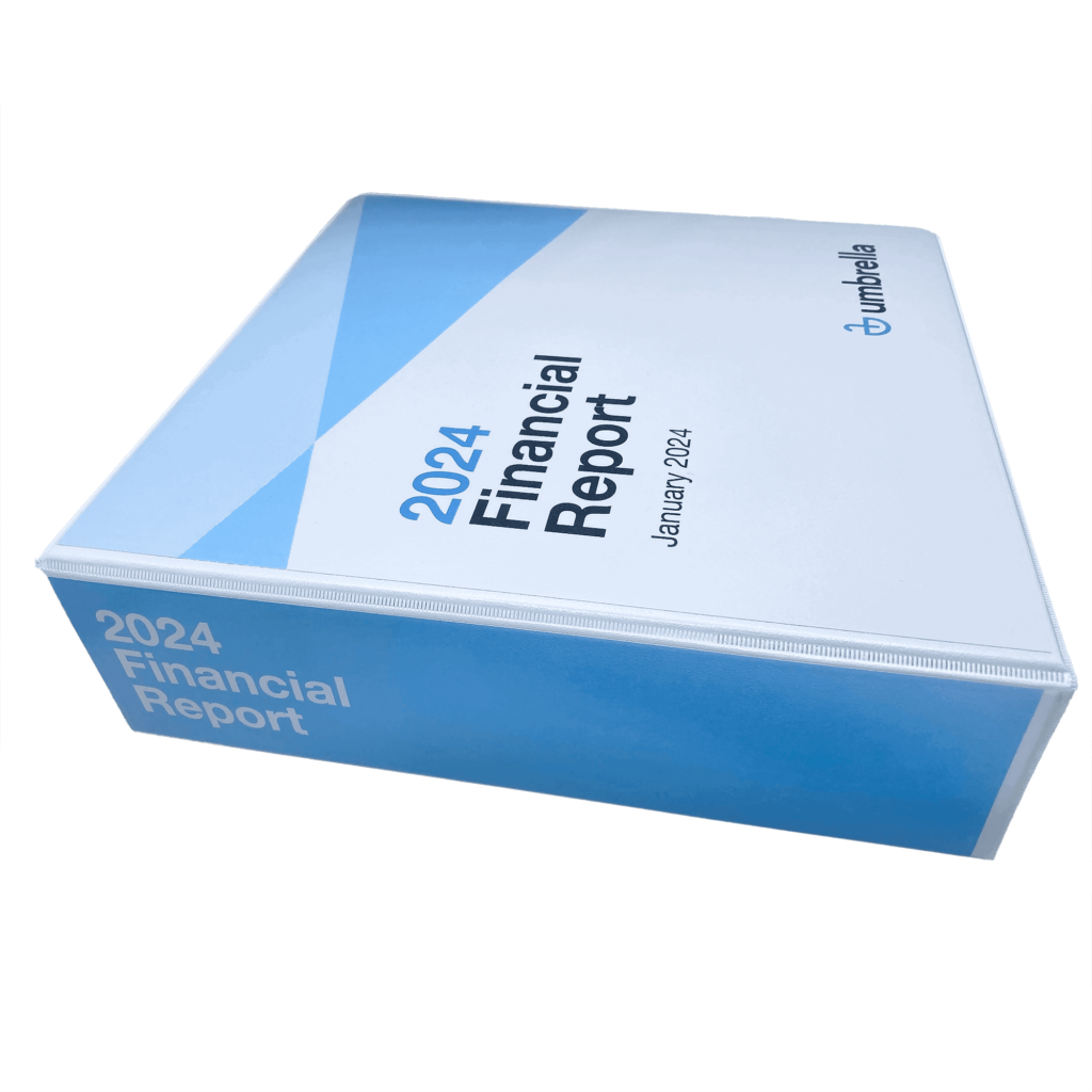 Three ring binder with a three inch spine with blue cover and spine insters