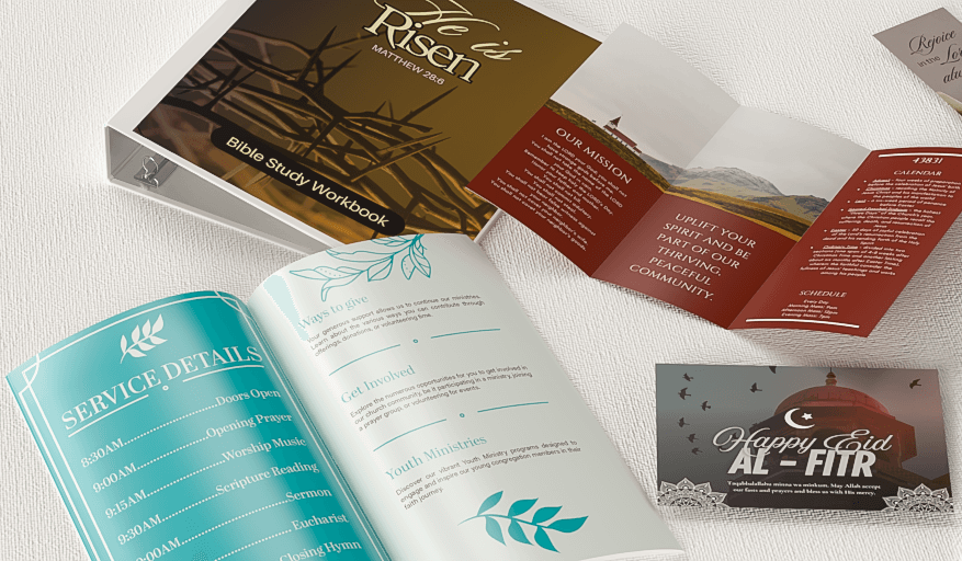 Church program binding options on white surface