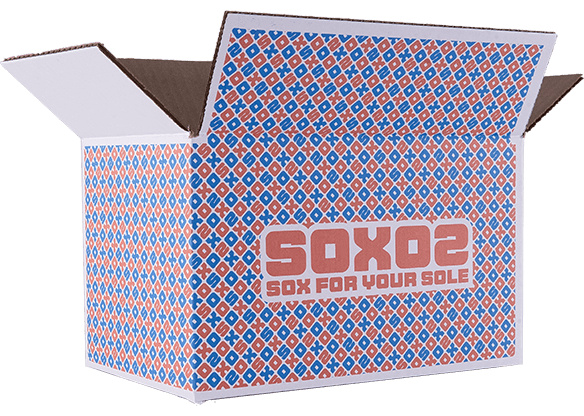 Open white box with 'SOXO2' logo and 'Sox for Your Sole' text on blue and orange patterned background - View 1