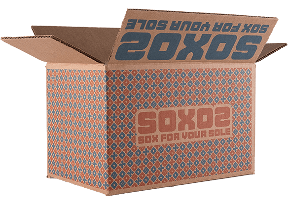 Open brown box with 'SOXO2' logo and 'Sox for Your Sole' text on blue and orange patterned background - View 1