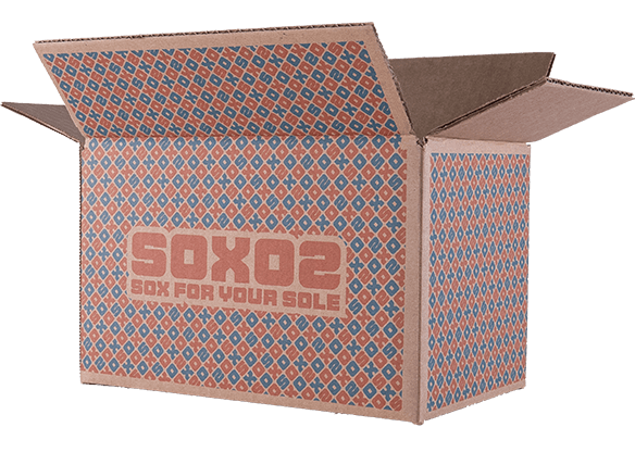 Open brown box with 'SOXO2' logo and 'Sox for Your Sole' text on blue and orange patterned background - View 2