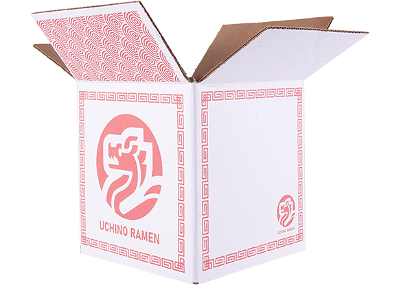 Open Uchino Ramen shipping box with red dragon logo and decorative border