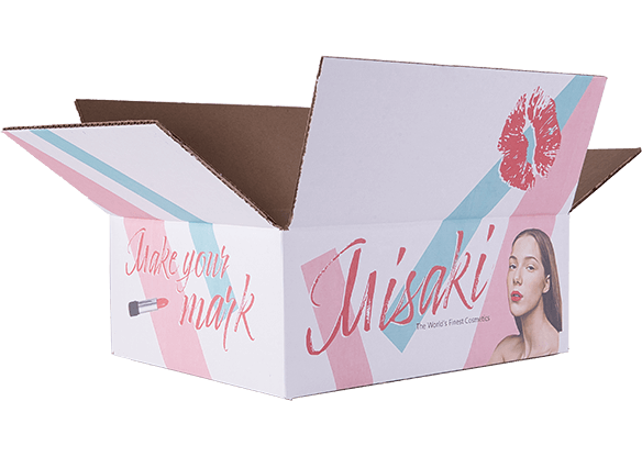 Open box with 'Misaki' logo, makeup design, and 'Make your mark' text on pink and white background - 2